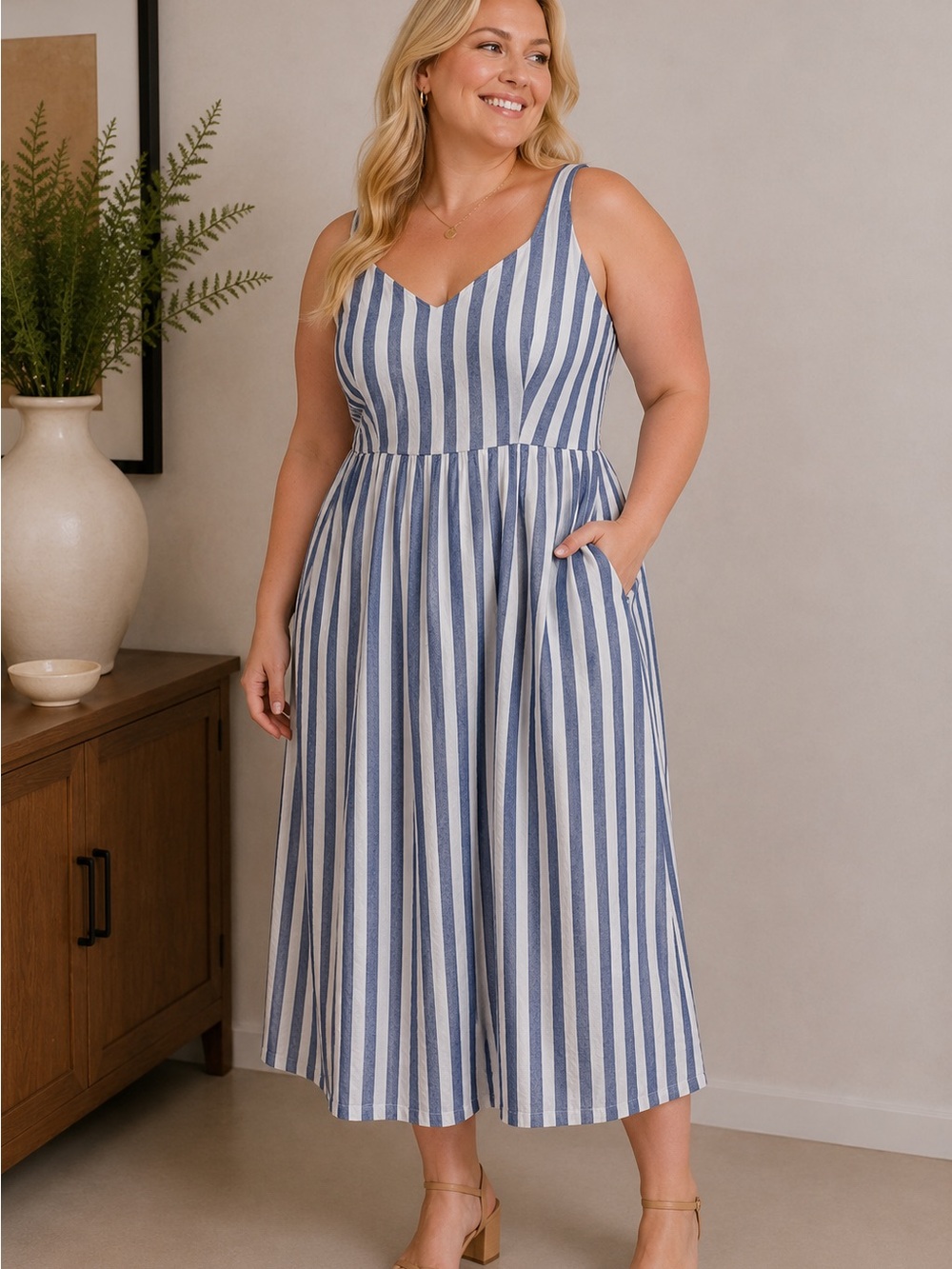 Old Navy Blue and White Striped Sleeveless Midi Dress
